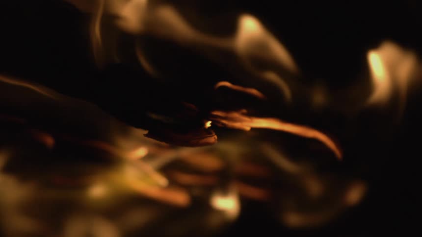 A log of wood burns in flames at night with smoke rising from it