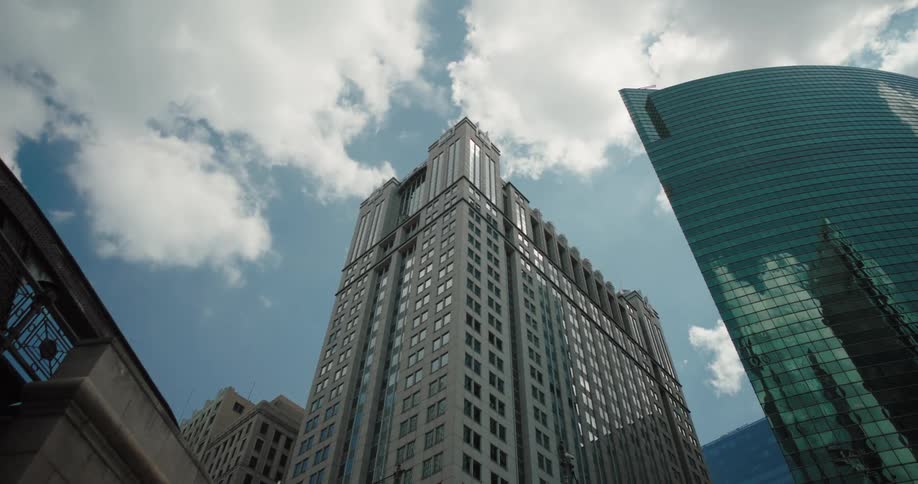 Metropolitan office buildings with glass facades cluster in the skyline