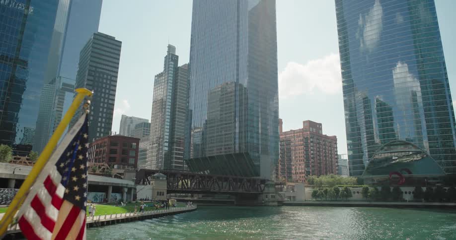 View from a boat crossing a large metropolitan city