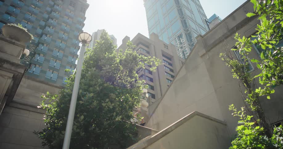 Modern city buildings reaching into a bright sunny sky framed by green trees and old stone architectural elements in the foreground