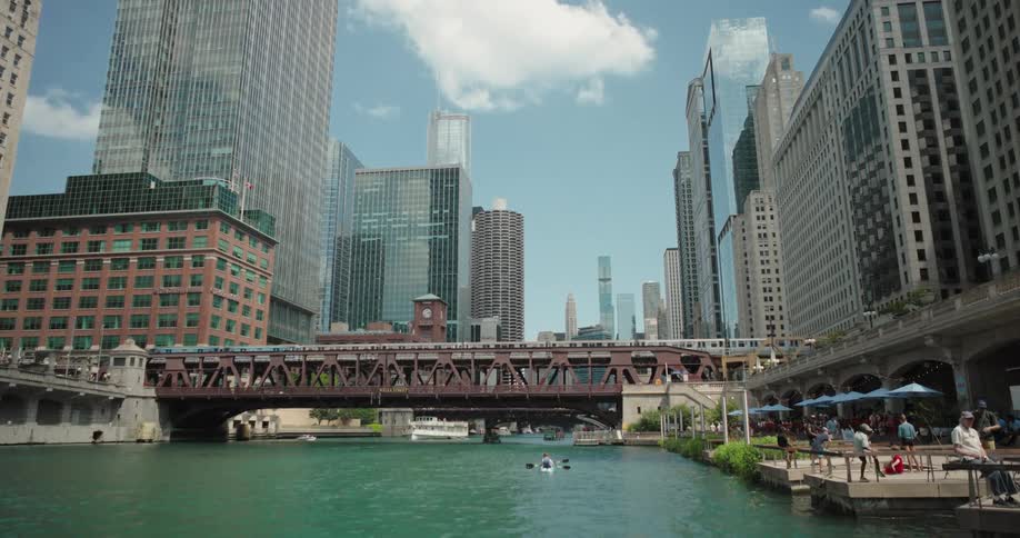 River surrounded by skyscrapers with a railway bridge crossing the city center