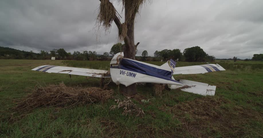 An airplane crash site lies on a grassland where it struck a tree resting on the ground destroyed on a cloudy day