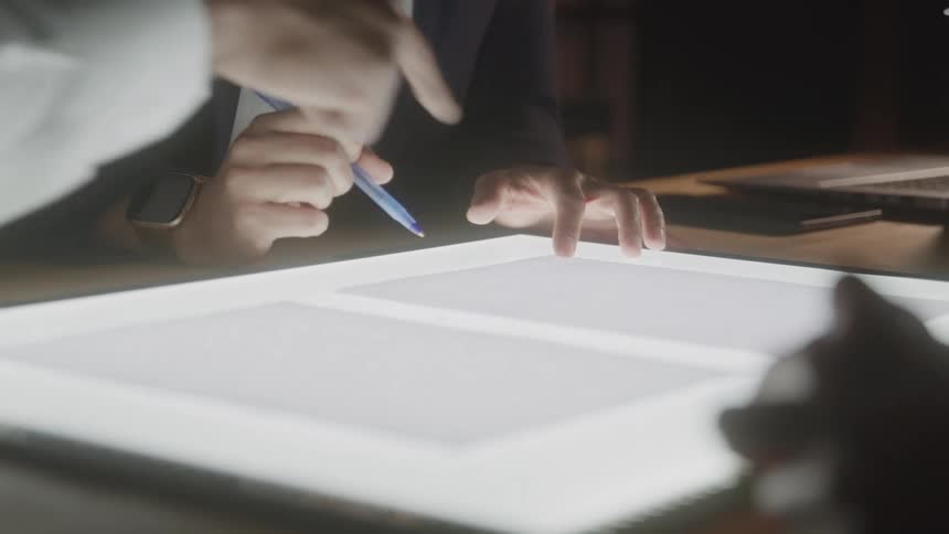 Workers point at papers on the table