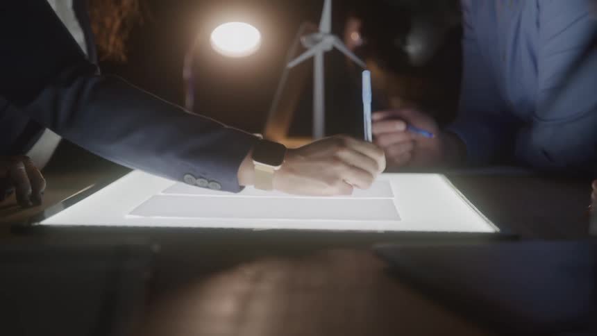 People in professional attire are gathered around a glowing light board with a drawing on it where one person points at the drawing while another holds a pen with a miniature wind turbine model also on the table