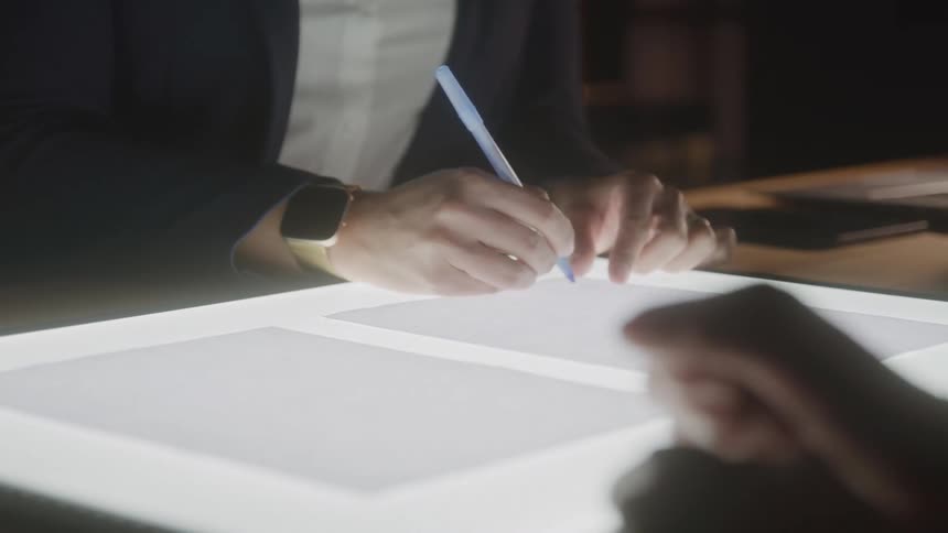 A close view of a person with a gold watch on their wrist shows them signing or sketching on a piece of paper over a light box with a blue pen