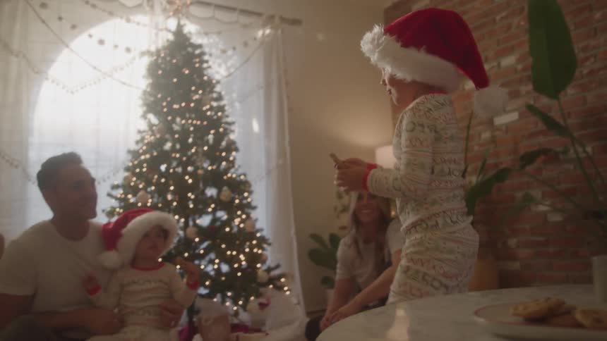 A family gathered in the living room near a christmas tree with a boy taking a cookie from the table and giving it to a woman