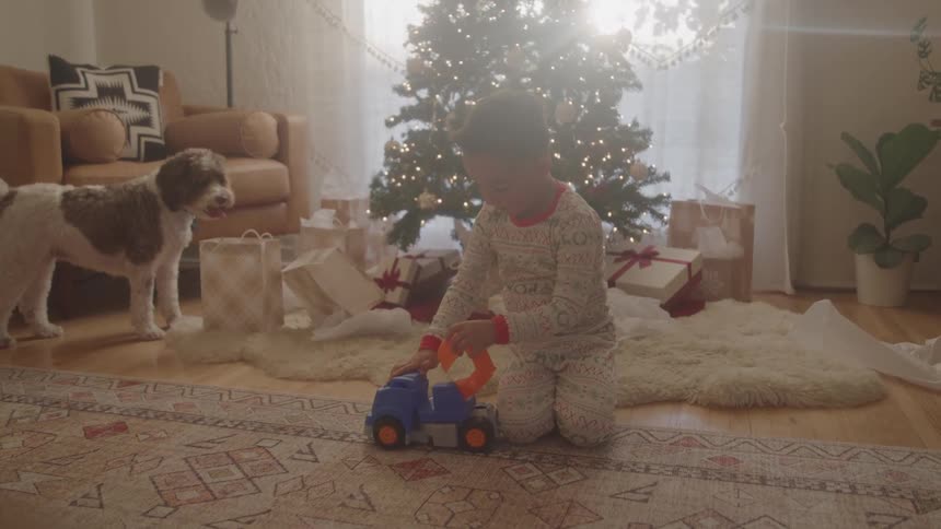 Child in pajamas playing with a toy truck beside a dog in front of the christmas tree