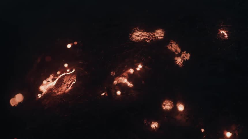 Small glowing embers scatter in darkness illuminating tangled twigs