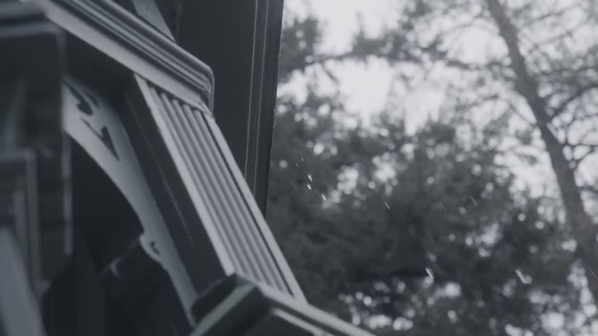 Raindrops running down the window with trees in the background