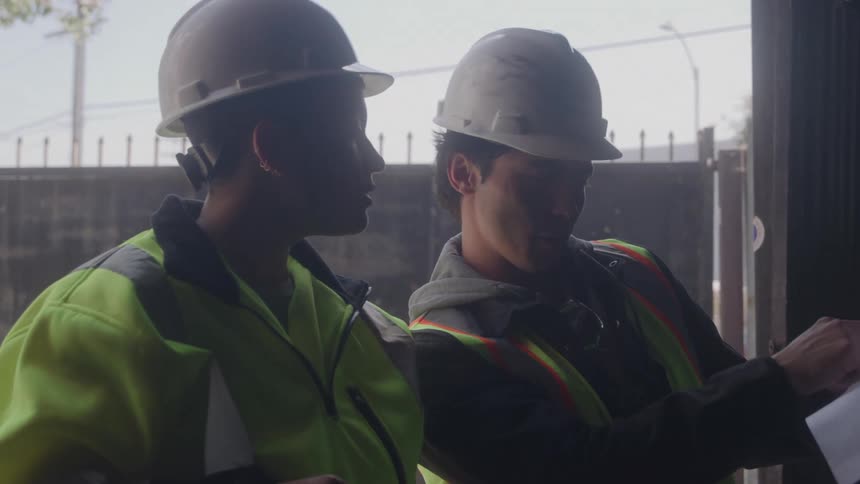 Two men in hard hats converting in a work environment