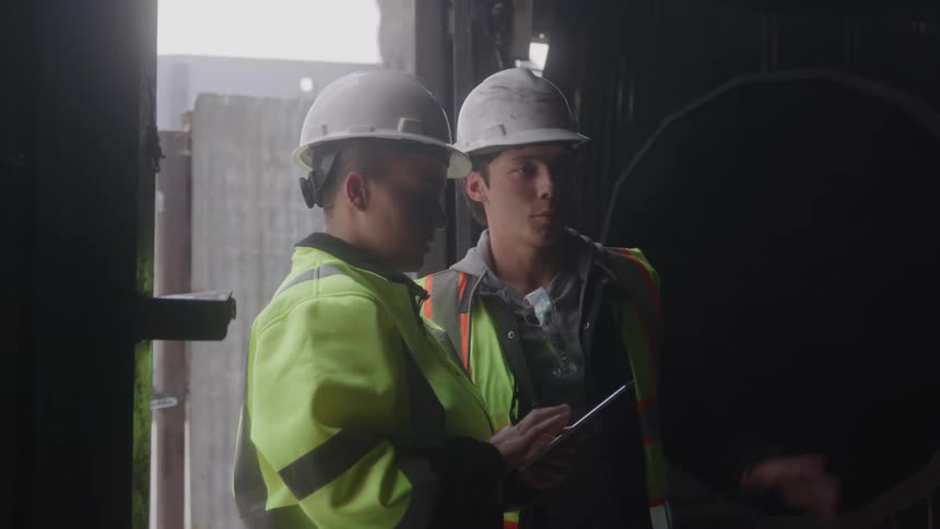 Two construction workers both wearing hard hats and green vests have a conversation indoors at midday
