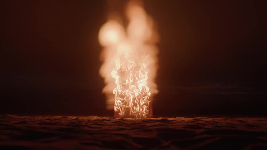 A fire burns an object continuously and releases smoke and embers