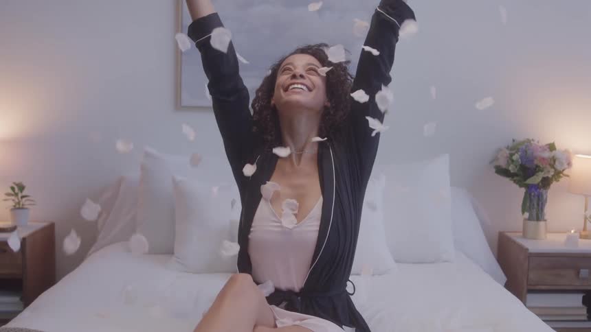 Smiling woman throws flower petals while celebrating on the bed