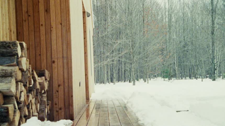 A snowy forest with a wooden cabin and stacked firewood