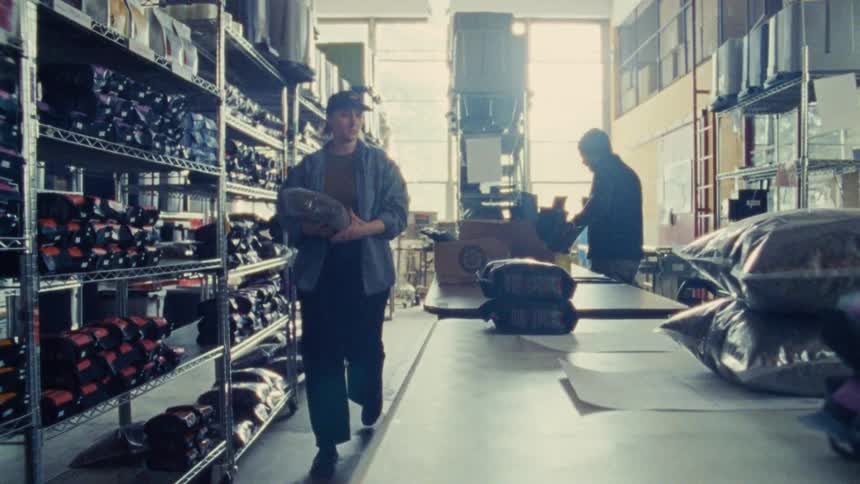 A worker wearing a hat and jacket walks through a warehouse and places a small bag on a table with another worker visible in the background