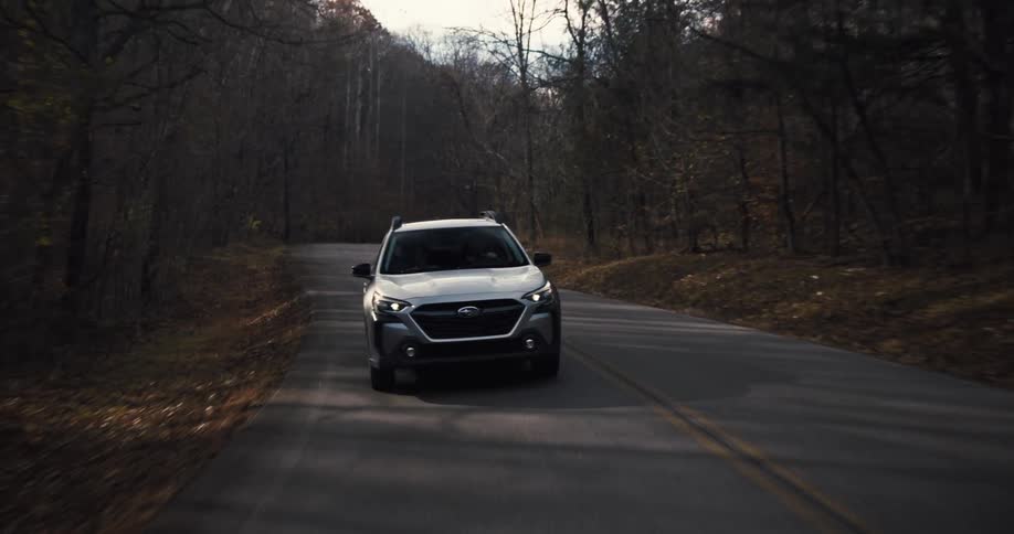 A car drives forward on a winding road through the woods
