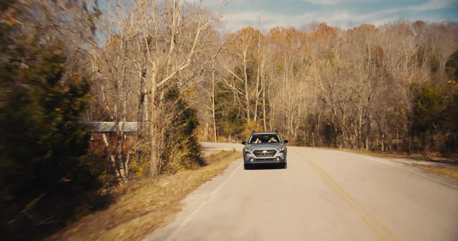 The vehicle travels past the forest in the fall