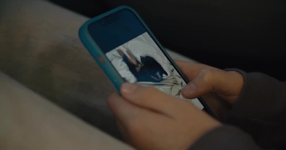 A close view of a persons hands holding a smartphone in a blue case as they scroll through pictures of a black brown and white dog