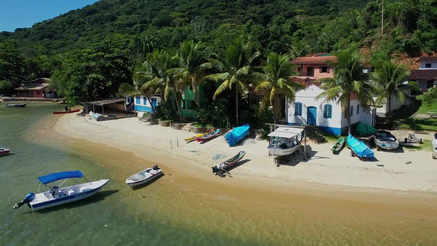 Boats anchored on the sand at a small beach with houses and palm trees in the background