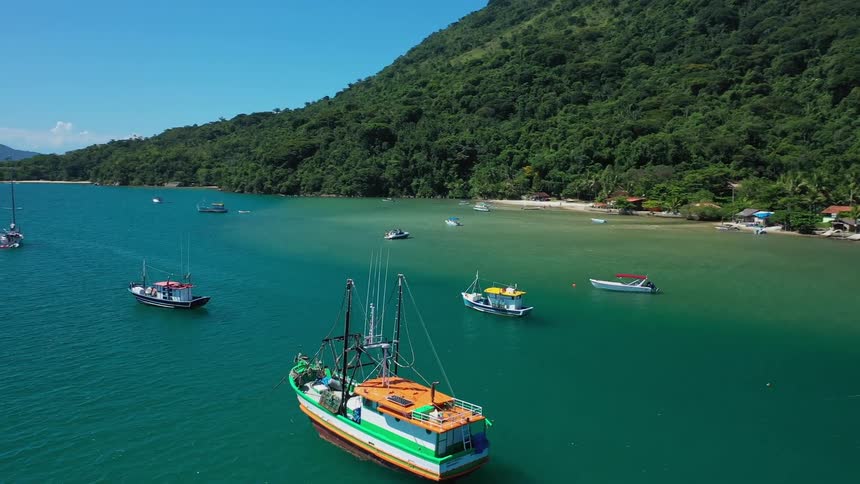 Boats sailing by a bay beach under a mountain forest