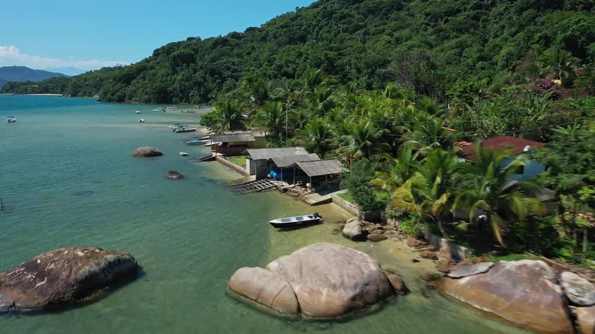 The tropical island is covered with a mountain and trees