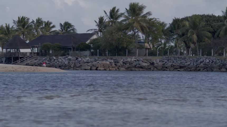 Huts with thatched roofs and palm trees by the water