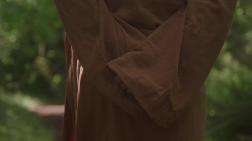 Hands hidden beneath wide sleeves of a brown robe