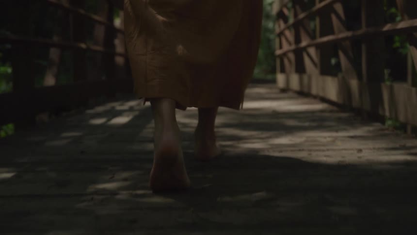 Based on the images from the video a closeup shot shows a persons bare feet walking on a wooden bridge the bridge has wooden planks and a wooden railing and sunlight creates a shadow pattern on the surface