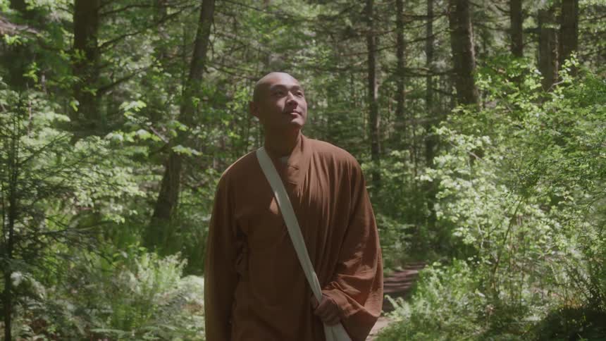 Monk walking along a sunlit forest trail