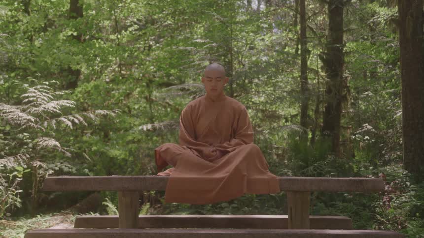 A monk with closed eyes sits crosslegged on a stone bench meditating peacefully in the middle of a lush green forest