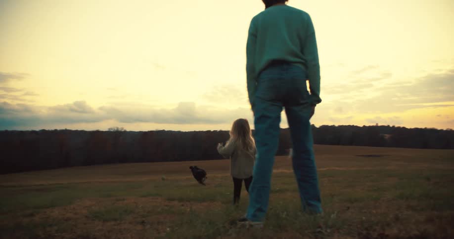 Girl crouches in the field at sunset playing with a dog and a green ball