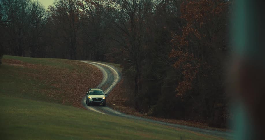 Car travels around the curve on a road along the forest