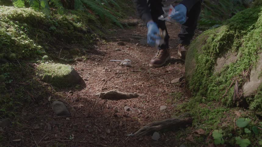 Gloved hands pick up trash on a shaded mossy forest trail