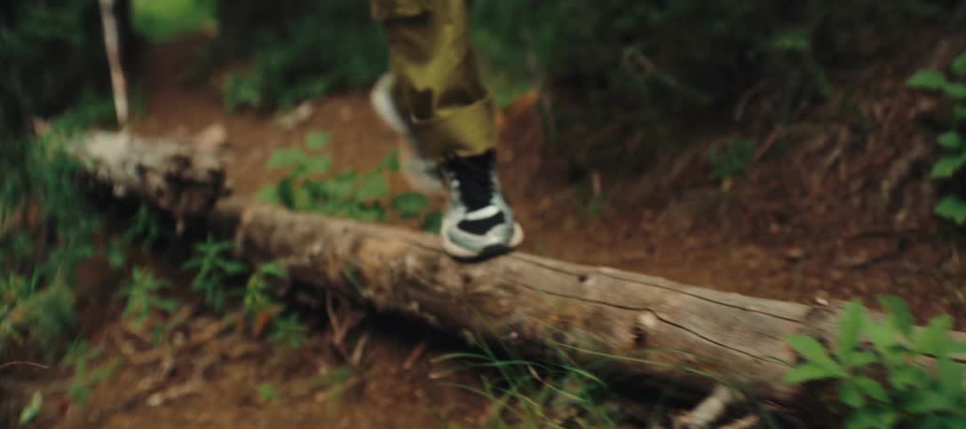 A person balancing on a fallen log in the forest