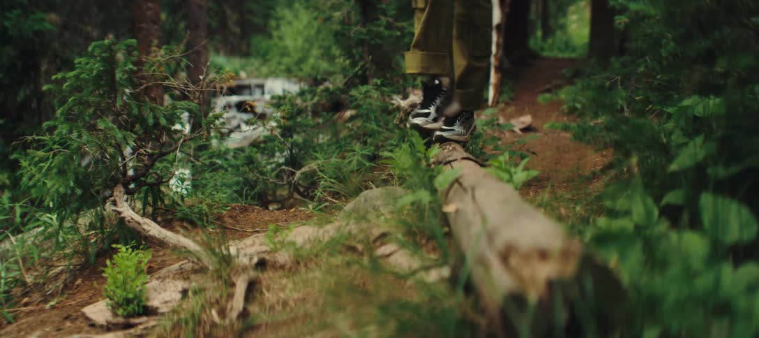 The woman hikes on the trail and walks over a log