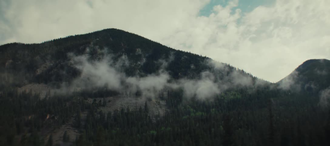 From the window of a moving vehicle treetops pass by in the foreground revealing a view of a large forested mountain with clouds clinging to its slopes