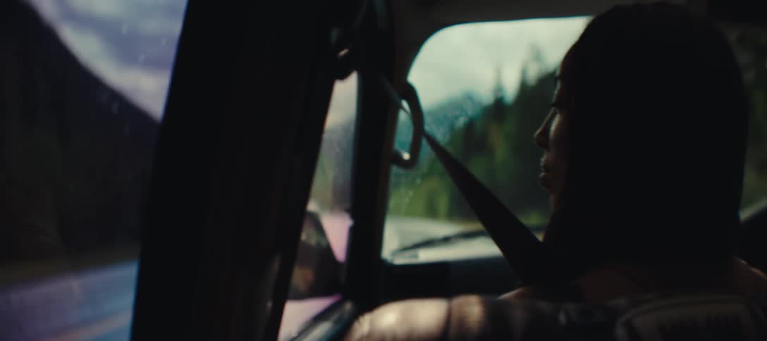 Based on the images from the video a woman is seen sitting in the passenger seat of a vehicle looking out the window the view outside is of a road with blurred green scenery suggesting the vehicle is in motion