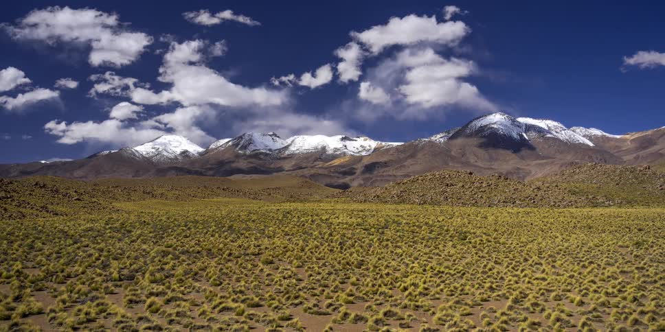 Time lapse of clouds passing over a grassy plain and a snowy mountain range