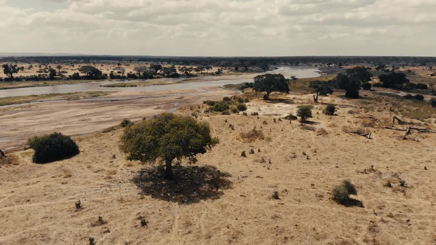 An aerial view of a dry arid landscape with a wide winding river and an area of sparse trees
