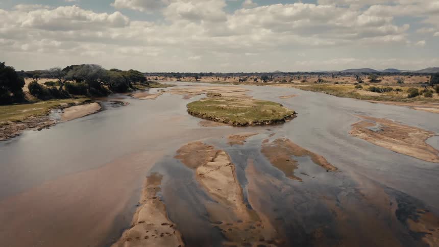 Aerial view of a wide river with a small green island in the center surrounded by sandy banks