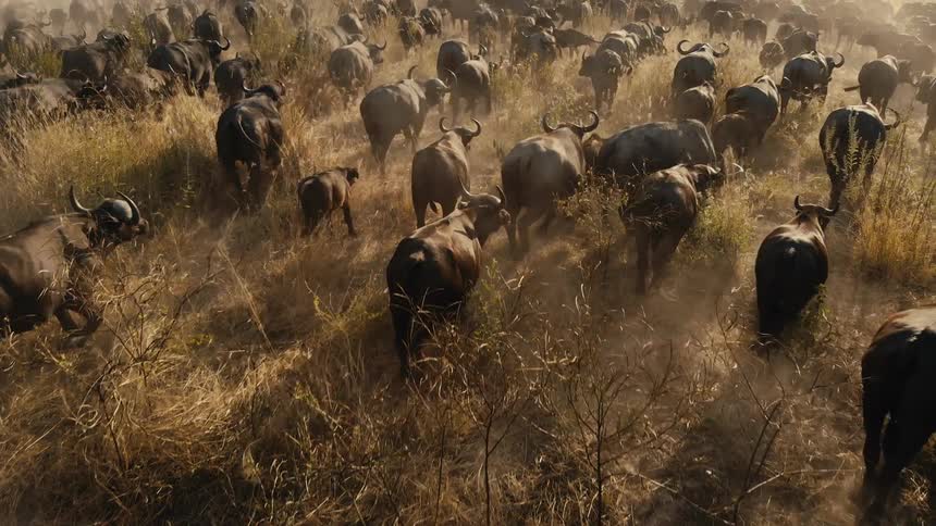 Herd of wild buffalo runs across dry grasslands