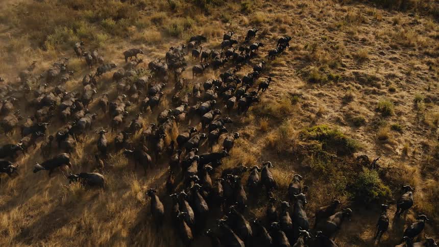 Aerial view of buffalo herd running across dry grasslands