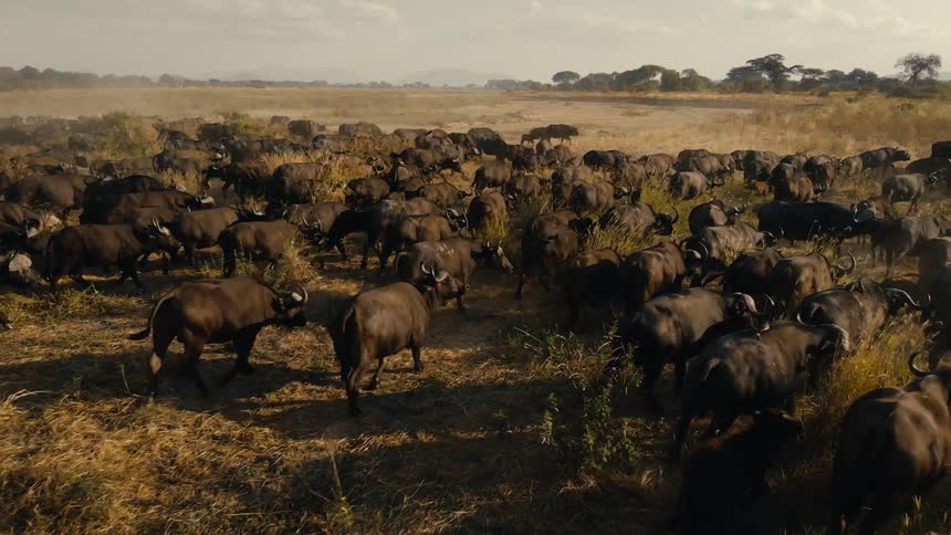 A large herd of wild buffaloes grazing in dry grassland