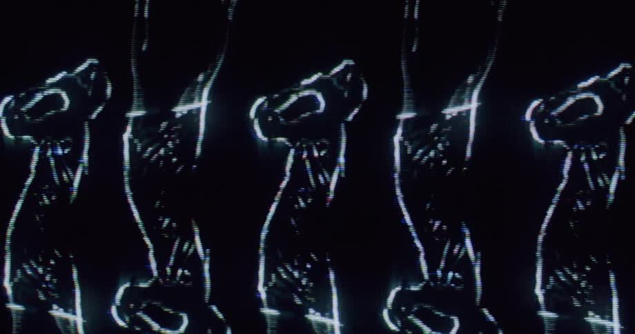 Luminous silhouettes repeated in vertical sequence against a dark background