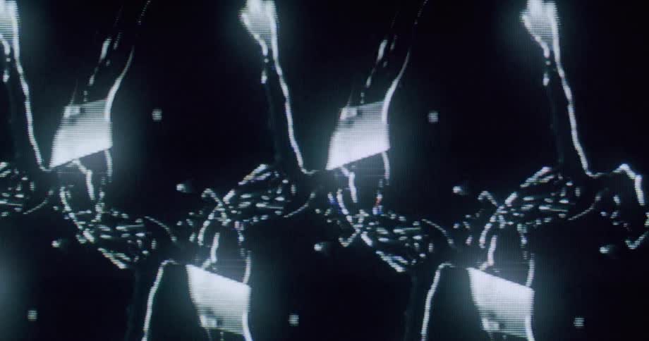 Human silhouettes in glowing digital effect against a dark background