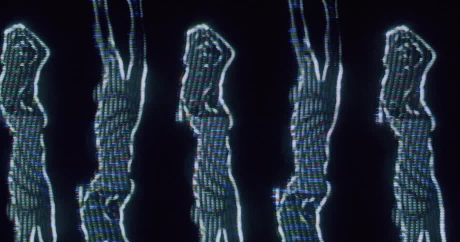 A blackandwhite animation shows a woman dancing across multiple frames
