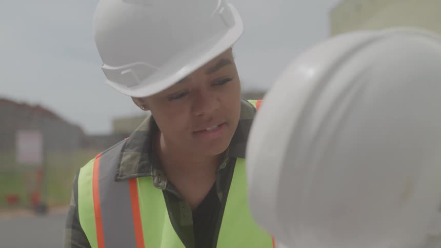 A woman is talking with a coworker on the road