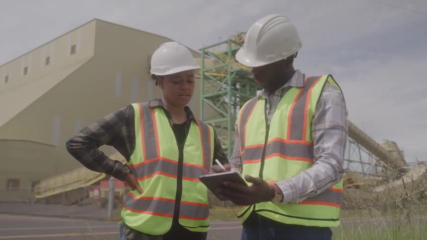 Two professional engineers a man and a woman standing together in front of an industrial site and collaboratively reviewing plans on a tablet