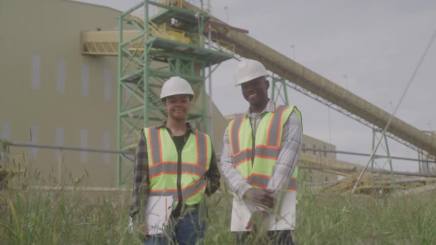 Two workers smile in front of the factory