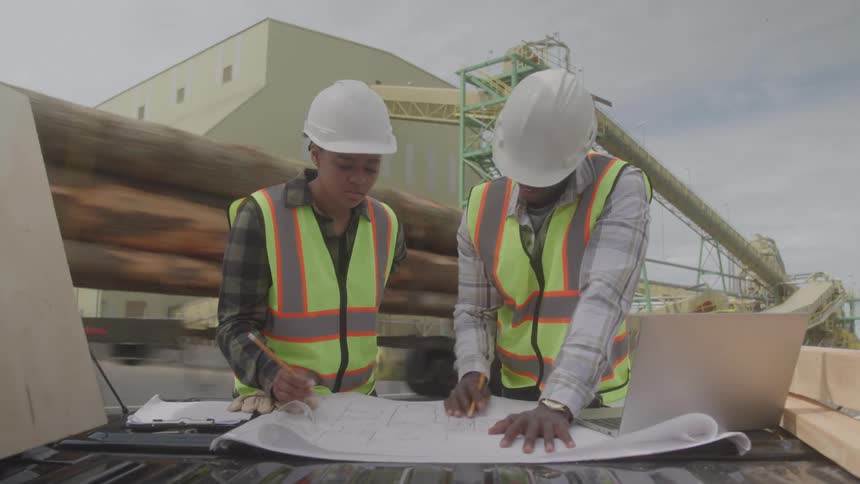 Engineers reviewing blueprints on an improvised table in an industrial area